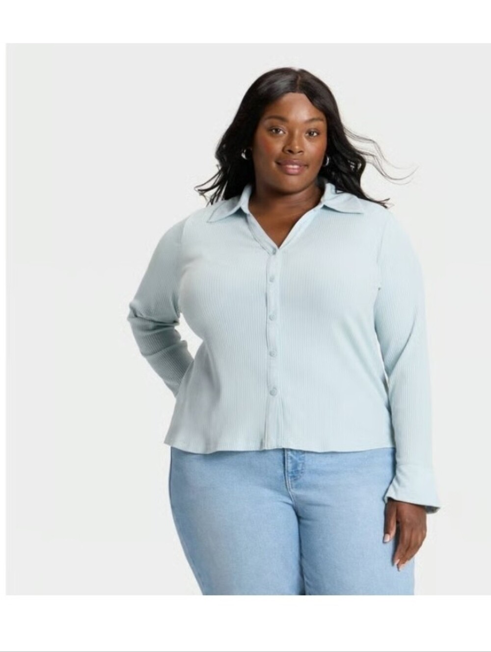 Ava & Viv Women's Long Sleeve Collared Rib-Knit Button-Down Shirt Light Blue 2X